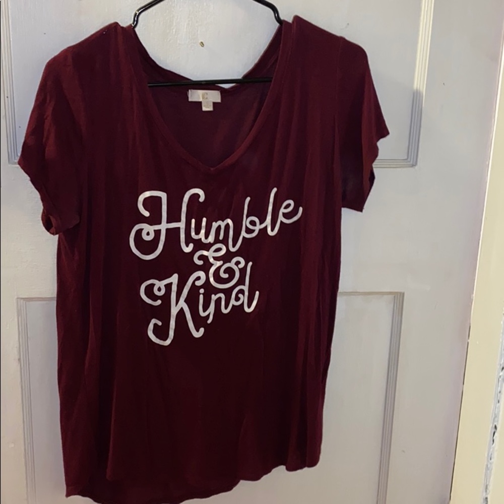 maroon v neck “humble and kind” tee